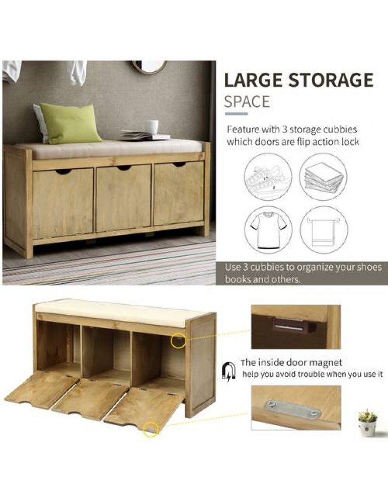 Storage Bench with Removale Cushion and 3 Flip Lock Storage Cubbies