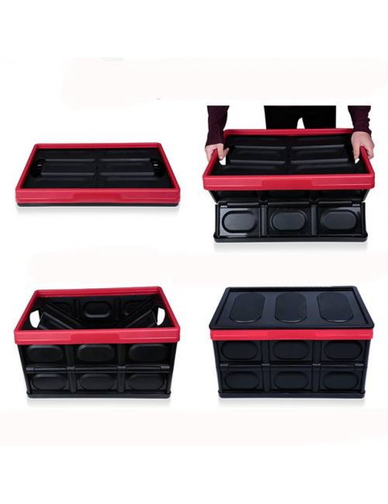 55L Collapsible Plastic Storage Box Durable Stackable Folding Utility Crates with Lid Black Color