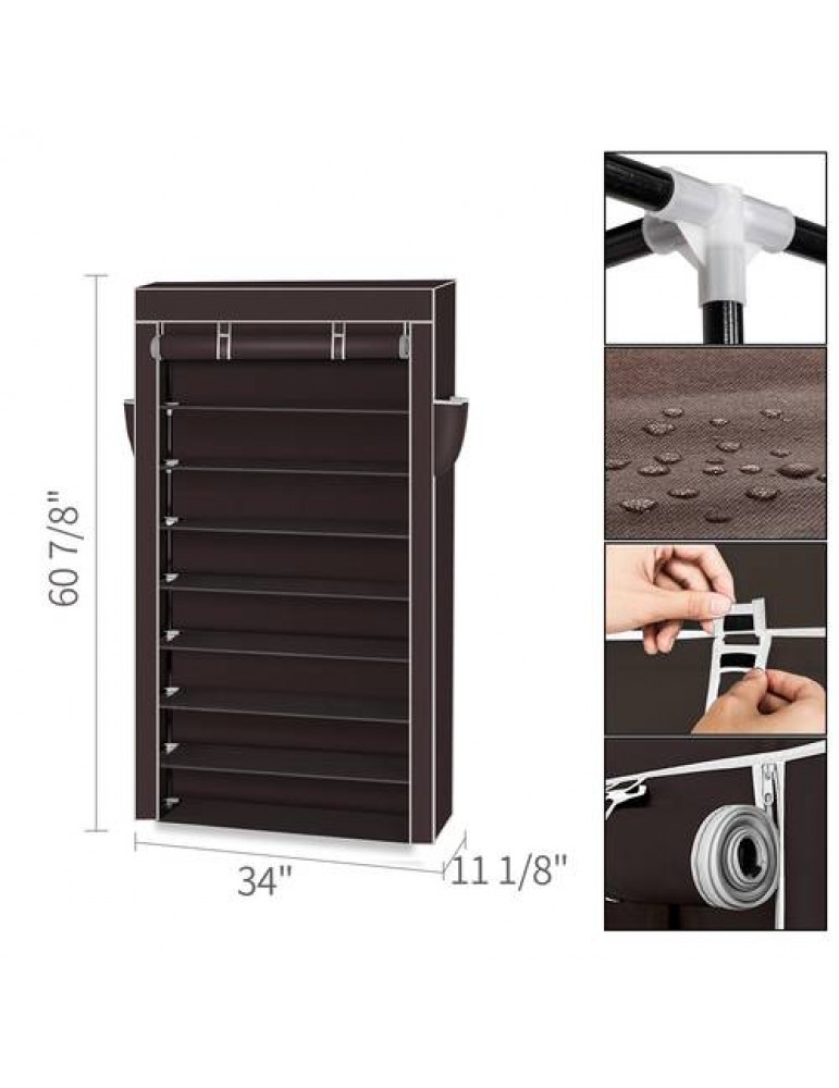10 Tiers Shoe Rack with Dustproof Cover Closet Shoe Storage Cabinet Organizer Dark Brown