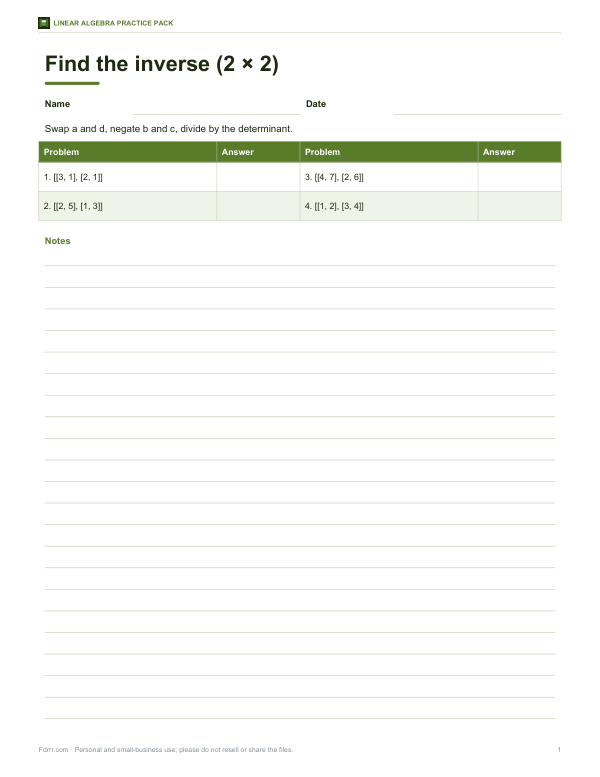 Preview of Printable 2x2 Matrix Inverse Worksheet